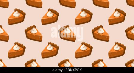 Modèle d'automne sans couture avec des tranches de tarte à la citrouille de dessin animé recouvertes de crème fouettée sur fond beige. Arrière-plan vectoriel Illustration de Vecteur