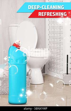 Affiche promotionnelle sur les nettoyants pour toilettes. Bouteille de produit et bulles dans la salle de bain Banque D'Images