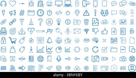 100 Blue Line Web Icons – développement de sites Web, outils numériques, UX/UI, hébergement, SEO, ensemble de vecteurs de conception des services cloud, du codage et de l'interface en ligne Illustration de Vecteur
