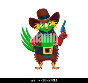 Cow-boy de perroquet de dessin animé ou personnage de bandit d'oiseau et voleur de l'Ouest sauvage, shérif occidental vecteur. Ranger perroquet drôle dans le chapeau de cow-boy avec pistolet revolver et bottes pour le personnage animal de dessin animé Wild West Illustration de Vecteur