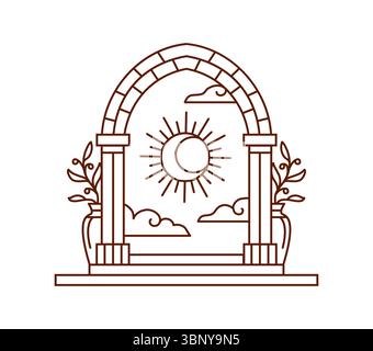 Arc de boho mystique ou porte de bohème magique avec soleil et nuages, symbole vectoriel. Arche bohémienne avec soleil céleste et lune pour tatouage de ligne ou arche de porte bohème magique avec vases pour la conception d'art ésotérique Illustration de Vecteur