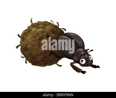 Caricature drôle de scarabée personnage de scarabée d'insecte ou d'insecte, personnage vecteur pour mascotte d'enfants. Scarabée de dessin animé avec des yeux googly et boule de bouse roulante de visage drôle pour le personnage d'insecte mignon Illustration de Vecteur