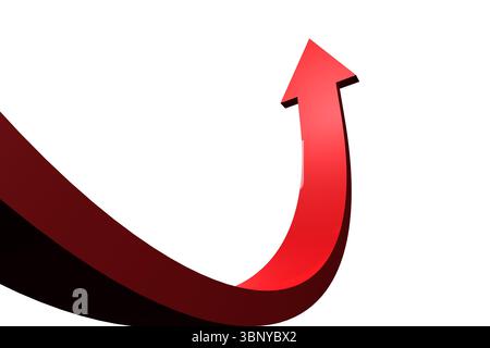 Flèche 3D rouge gras incurvée vers le haut avec dégradé lisse sur fond blanc, espace de copie Banque D'Images