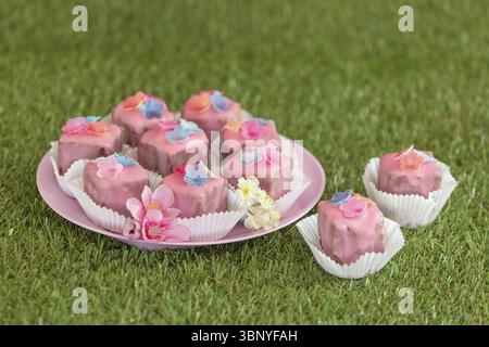 Petits fours roses avec décoration florale sur une assiette dans l'herbe Banque D'Images
