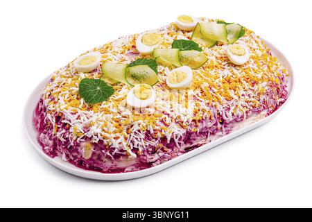Nourriture morte-vie, Une salade superposée magnifiquement agencée aux couleurs vives avec des ingrédients comme des œufs durs, des concombres et du fromage râpé. C'est se Banque D'Images