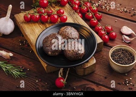 Nature morte, trois boulettes de viande parfaitement cuites reposent sur une assiette noire entourée de tomates cerises et d'herbes aromatiques, sur une riche surface en bois Banque D'Images
