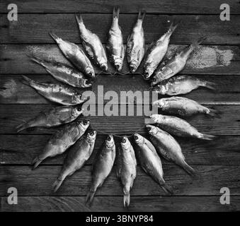 Cercle de poisson séché sur une table en bois, photo en noir et blanc Banque D'Images