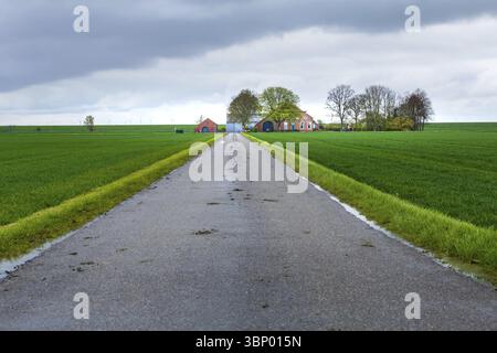 Ancienne ferme hollandaise typique avec ciel nuageux près de la digue à Groningen aux pays-Bas, Uithuizermeeden, Nederland Banque D'Images