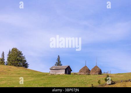 Charmante scène rustique avec une cabane en bois pittoresque et Haystacks traditionnels nichés sur une colline verte luxuriante sous un ciel bleu clair Banque D'Images