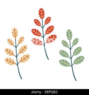 Ensemble de feuilles de différentes couleurs. Feuilles mignonnes dessinées à la main. Design automnal confortable. Illustration vectorielle. Illustration de Vecteur