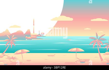 Illustration vectorielle minimale d'un lancement de fusée futuriste près d'une plage tropicale avec des palmiers, des parasols, des chaises longues, des montagnes et un coucher de soleil pastel Illustration de Vecteur