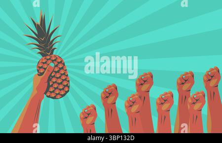 Illustration vectorielle d'un ananas surélevé dans une main avec plusieurs poings en arrière-plan. Design audacieux, abstrait et symbolique avec des fruits tropicaux et Illustration de Vecteur