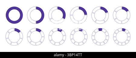 Diagramme divisé en cercles 1, 2, 3, 10, 7, 8, 9, 10, 11, 12 parts égales. Icônes de graphique. Diagrammes de section de tarte, pizza. Modèle vierge de coaching, couleur lilas Illustration de Vecteur