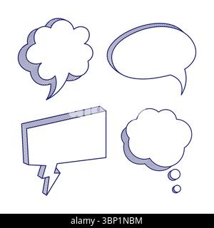 Jeu de bulles de parole et de pensée dessinées à la main. Une illustration présente une collection de 4 discours dessinés à la main et des bulles de pensée dans un style de doodle esquissé. Illustration de Vecteur