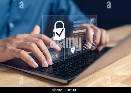 Technologie de cybersécurité pour la protection des données, la connexion sécurisée, l'authentification des utilisateurs et le contrôle de la confidentialité. Met l'accent sur la sécurité numérique, la protection de l'identité, Banque D'Images