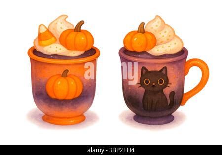 Latte à la citrouille aux épices à la crème et tasse de chat d'Halloween à l'aquarelle Banque D'Images