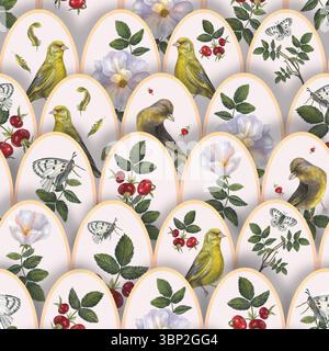 Vintage modèle sans couture de hanches roses, feuilles, branches de hanches roses, papillon blanc Apollo et oiseaux greenfinchs. Les illustrations aquarelles sont à la main Banque D'Images
