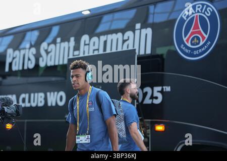 Atlanta, États-Unis. 5 juillet 2025. Désir doué du Paris Saint-Germain arrive avant le match quart de finale entre le Paris Saint-Germain (FRA) et le FC Bayern Munich (GER) à la Coupe du monde des clubs FIFA 2025 au Mercedes-Benz Stadium, Atlanta, Géorgie, États-Unis, le 5 juillet, 2025. crédit : Huang Zongzhi/Xinhua/Alamy Live News Banque D'Images