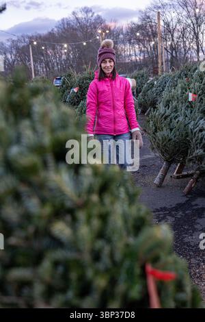 Stand de vente de sapins de Noël à West Haven, Connecticut. Banque D'Images