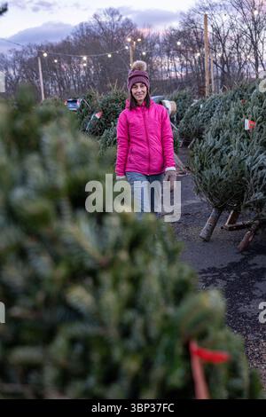 Stand de vente de sapins de Noël à West Haven, Connecticut. Banque D'Images