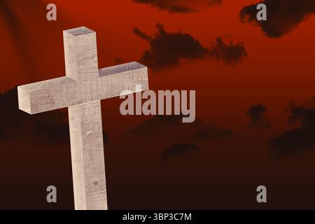 La croix en bois altérée se tient contre le ciel rouge-orange spectaculaire dans un design plat Banque D'Images
