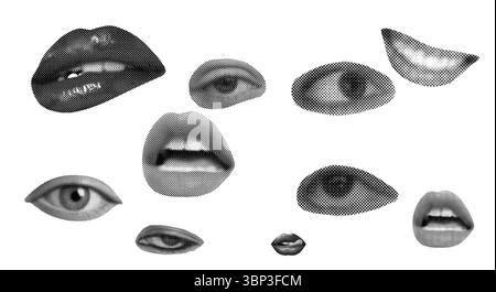 Effet demi-ton yeux lèvres bouche sourire , colère , amour , choc , Noir surréaliste et Blanc collage des yeux et des bouches Illustration de Vecteur