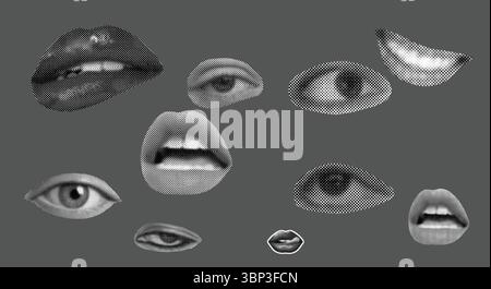 Effet demi-ton yeux lèvres bouche sourire , colère , amour , choc , Noir surréaliste et Blanc collage des yeux et des bouches Illustration de Vecteur