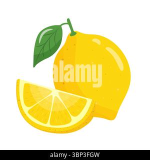 ensemble citron jaune. Fruits entiers brillants, moitiés, tranches avec des feuilles. Éléments pour le design printemps et été. Dessiné à la main. Illustration de Vecteur