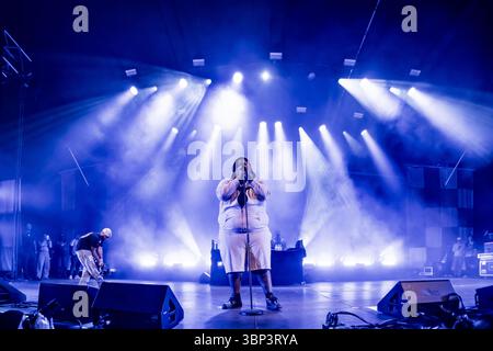 Roskilde, Danemark. 05th, Juli 2025. Le rappeur américain BigXthaPlug donne un concert live lors du festival de musique danois Roskilde Festival 2025 à Roskilde. Banque D'Images