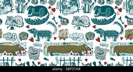 Chiens et chats fond d'enfant sans couture pour votre tissu, textile d'enfants, vêtements, décoration de pépinière, papier d'emballage cadeau, chemise de bébé. main Illustration de Vecteur