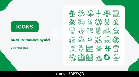 Green Environmental Icons – symboles d'écologie durable définis pour les projets écologiques et les énergies renouvelables Illustration de Vecteur