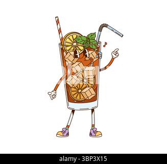 Cocktail long Island, soda groovy. Rafraîchissant cocktail froid rétro vecteur personnage, mascotte joyeuse en verre de boisson d'alcool. Long Island b Illustration de Vecteur