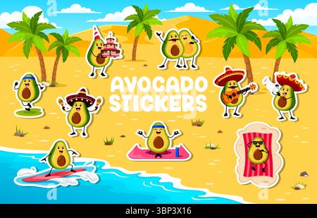 Pack d'autocollants personnages d'avocat de dessin animé. Avocats fruits mexicains mariachi musiciens, surf et bains de soleil sur la plage, tenant gâteau d'anniversaire, jogging a Illustration de Vecteur