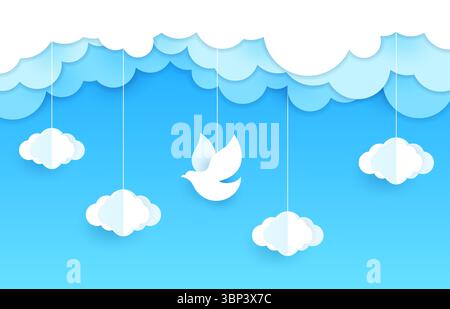 Le pigeon blanc et le papier de colombe coupent l'oiseau dans les nuages. Liberté, rêve et religion chrétienne espoir concept de vecteur de coupe de papier, papier peint de découpe. Oiseau colombe blanche Illustration de Vecteur