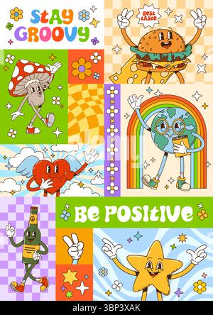 Groovy personnages de dessin animé affiche de collage avec hamburger joyeux, champignon amanita, coeur avec des ailes, planète terre, étoile et bouteille de paix sur 70S hippie b Illustration de Vecteur