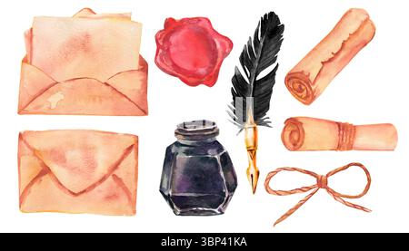 Encrier, un stylo, une enveloppe ouverte et fermée, des rouleaux, un sceau de cire, un noeud fait de ficelle. Modèle illustration anciens objets d'écriture pour invitation et carte Banque D'Images