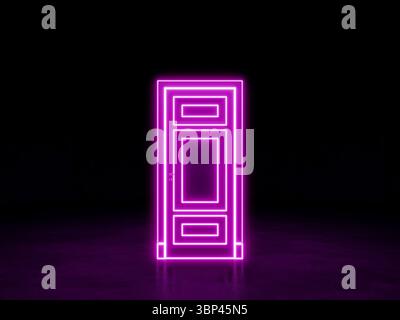 La porte dans l'espace sombre. Porte néon rose violet. Rendu 3D. Banque D'Images