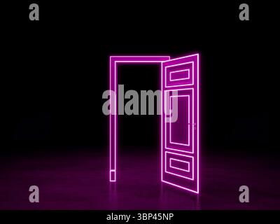 Ouvrez la porte dans l'espace sombre. Porte néon rose violet. Rendu 3D. Banque D'Images