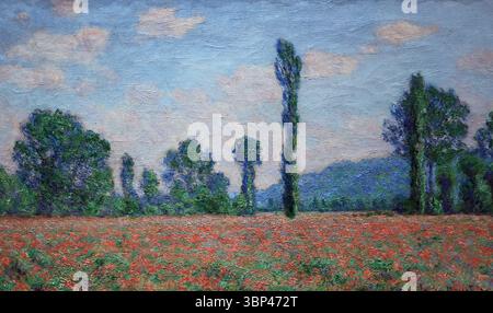 Champ de coquelicots près de Giverny par Claude Monet (1840 ?1926). Monet était une figure centrale du mouvement impressionniste, réputé pour son dévouement à capturer les qualités éphémères de la lumière et de l'atmosphère dans la nature. Son champ de coquelicots (Giverny), peint en 1890, est l'une des nombreuses œuvres représentant les champs autour de sa maison à Giverny, en France. Monet a souvent revisité les mêmes motifs pour explorer comment la lumière et les saisons ont transformé leur apparence. 1890. Banque D'Images