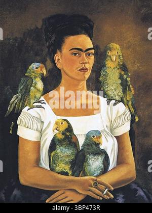 La peinture à l'huile de Frida Kahlo, « moi et mes perroquets », mettant en vedette l'artiste avec quatre perroquets qui l'entourent, peinte en 1941. Cet autoportrait a été créé à une époque où Frida Kahlo se dépeignait fréquemment entourée de ses animaux de compagnie, en particulier ses perroquets, singes et chiens. Ces animaux ont souvent servi de compagnons symboliques et de reflet de son état émotionnel ou de son lien avec la nature et la culture mexicaine. 1941 Banque D'Images