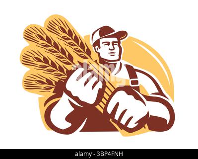 Ouvrier agricole récoltant des récoltes dans des champs agricoles. Agriculteur avec gerbe d'emblème de blé. Illustration vectorielle Illustration de Vecteur
