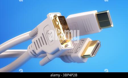 Différents types de fiches de câbles vidéo numériques et de connecteurs d'affichage. Câbles HDMI, Display port et DVI. illustration 3d. Banque D'Images