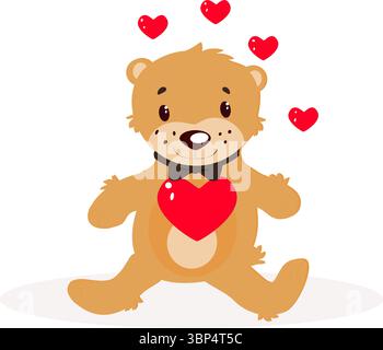 L'ours brun tient le cœur dans les pattes. Illustration vectorielle de dessin animé pour enfants.concept de Saint-Valentin. Illustration de Vecteur