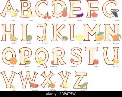 Lettres de l'alphabet anglais avec illustration vectorielle de légumes et de fruits sur un fond blanc Illustration de Vecteur