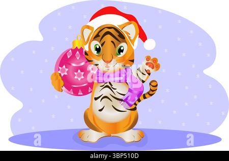 Mignon bébé tigre avec écharpe, symbole 2034. Bonne année. Illustration de Vecteur