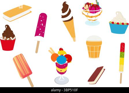 Savoureux ensemble de crème glacée colorée. Cônes de crème glacée de collection avec garniture différente isolé sur fond blanc. Illustration de Vecteur