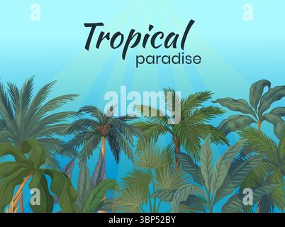 Fond de palmiers. Plantes tropicales de banane de noix de coco et de monstera. Feuilles vertes. Paradis botanique. Jungle et forêt tropicale. station balnéaire d'été. Toile de fond belle décoration. Illustration vectorielle Illustration de Vecteur