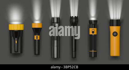 Lampe. Faisceau de projecteur 3D. Instrument à batterie flash. EQUIPEMENT de lampe de poche. Projecteur de poche. Rayon projecteur brillant. Lanterne luisante. ECLAIRAGE électrique. Ensemble d'objets d'éclairage réalistes vectoriels Illustration de Vecteur