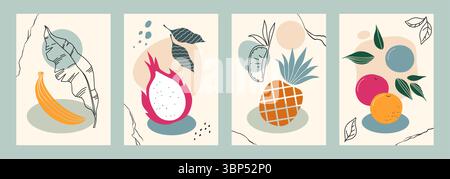 Affiches de fruits abstraits. Banane et ananas, oranges fraîches et fruits exotiques du dragon. Fond floral avec des feuilles de jungle. Mur botanique contemporain Illustration isolée plate de dessin animé vectoriel Illustration de Vecteur