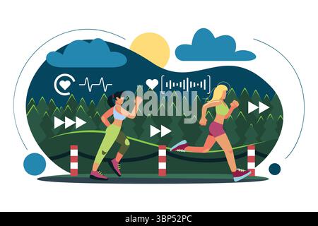 Les gens qui courent. Entraînement sportif. Jogging féminin. Marathon sportif. Mode de vie sain. Surveillance des battements cardiaques. Entraînement de sprinters féminins dans le parc. Piste de fitness. Course rapide. Nature estivale. Concept de vecteur Illustration de Vecteur